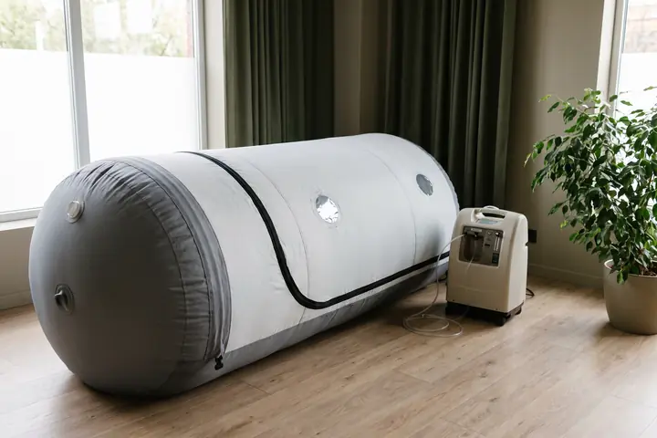 A soft-sided inflatable mild hyperbaric chamber with an oxygen concentrator beside it